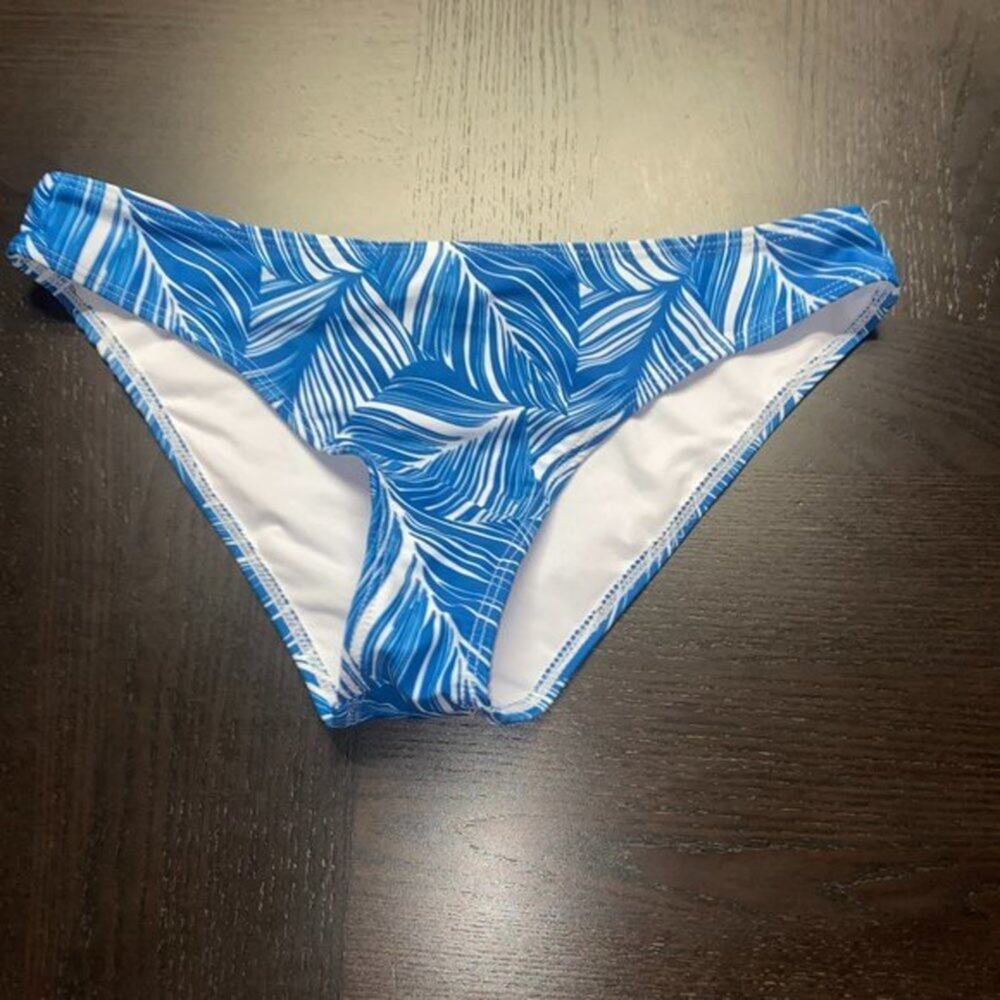 Blue & White Leaf Print Cheeky Swim Bikini Bathing Suit Bottoms Women's Size XL